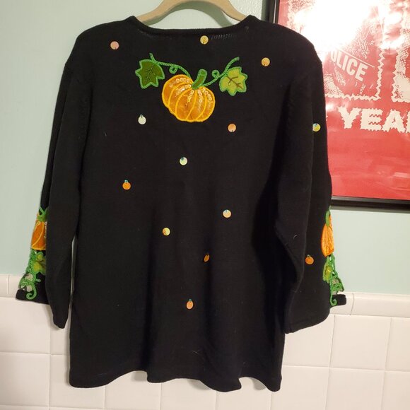 Vintage 90s Festive Pumpkin Embroidered 3/4 Sleeve Cardigan Sweater Halloween - Picture 4 of 12